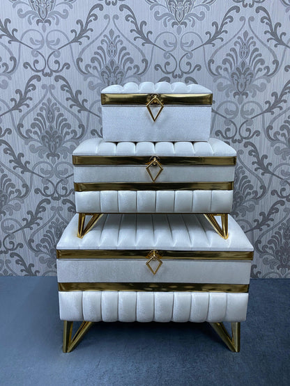 Sandik Bohca gepolsterte Aufbewahrungstruhen 3 Teilig Samt Creme Gold mit goldene Beine hochwertig MDF