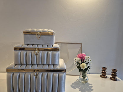 Sandik Bohca gepolsterte Aufbewahrungstruhen 3 Teilig Samt Creme Gold mit goldene Beine