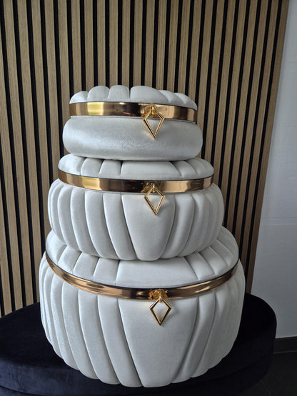 Sandik Bohca Aufbewahrungsboxen 3 Teilig Creme samt hochwertig mit goldene Füßen MDF