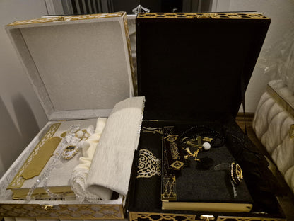 Koran Set Box Islam Geschenkbox in Farben Grün,rot,schwarz,gold Großes Set Tesbih Kopftücher edles Gebetsteppich Zikirmatik