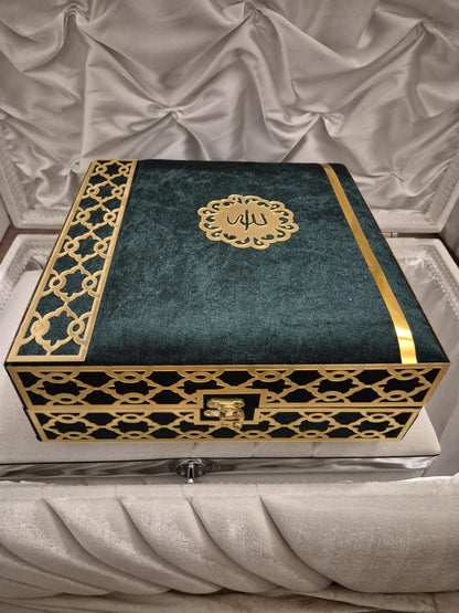 Koran Set Box Islam Geschenkbox in Farben Grün,rot,schwarz,gold Großes Set Tesbih Kopftücher edles Gebetsteppich Zikirmatik