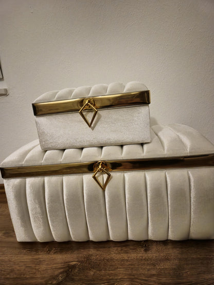Sandik Bohca gepolsterte Aufbewahrungstruhen 2 Teilig Samt Creme Gold mit Beine Hochwertig mdf Special Design