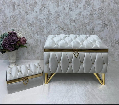 Sandik Bohca gepolsterte Aufbewahrungstruhen 2 Teilig Samt Creme Gold mit Beine