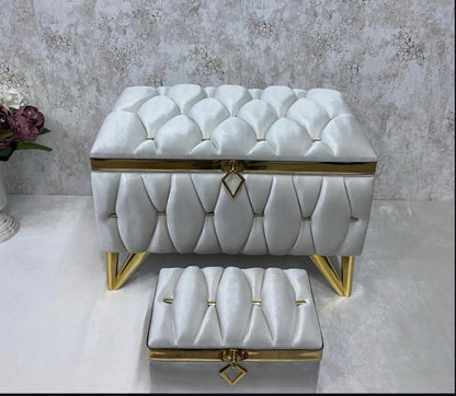Sandik Bohca gepolsterte Aufbewahrungstruhen 2 Teilig Samt Creme Gold mit Beine