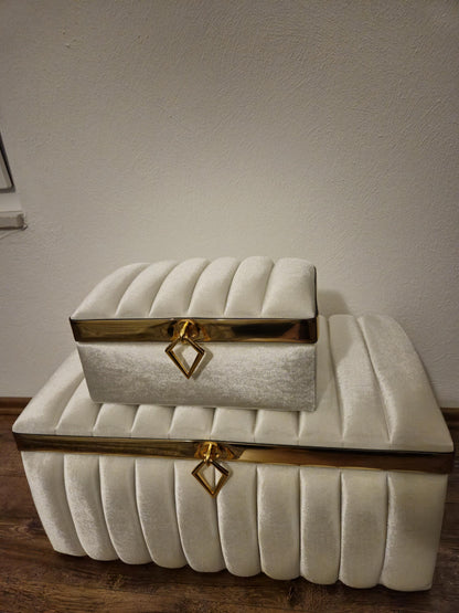 Sandik Bohca gepolsterte Aufbewahrungstruhen 2 Teilig Samt Creme Gold mit Beine Hochwertig mdf Special Design
