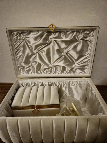 Sandik Bohca gepolsterte Aufbewahrungstruhen 2 Teilig Samt Creme Gold mit Beine Hochwertig mdf Special Design