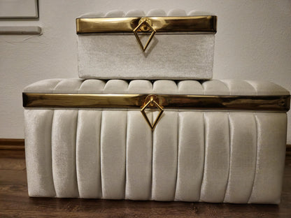 Sandik Bohca gepolsterte Aufbewahrungstruhen 2 Teilig Samt Creme Gold mit Beine Hochwertig mdf Special Design