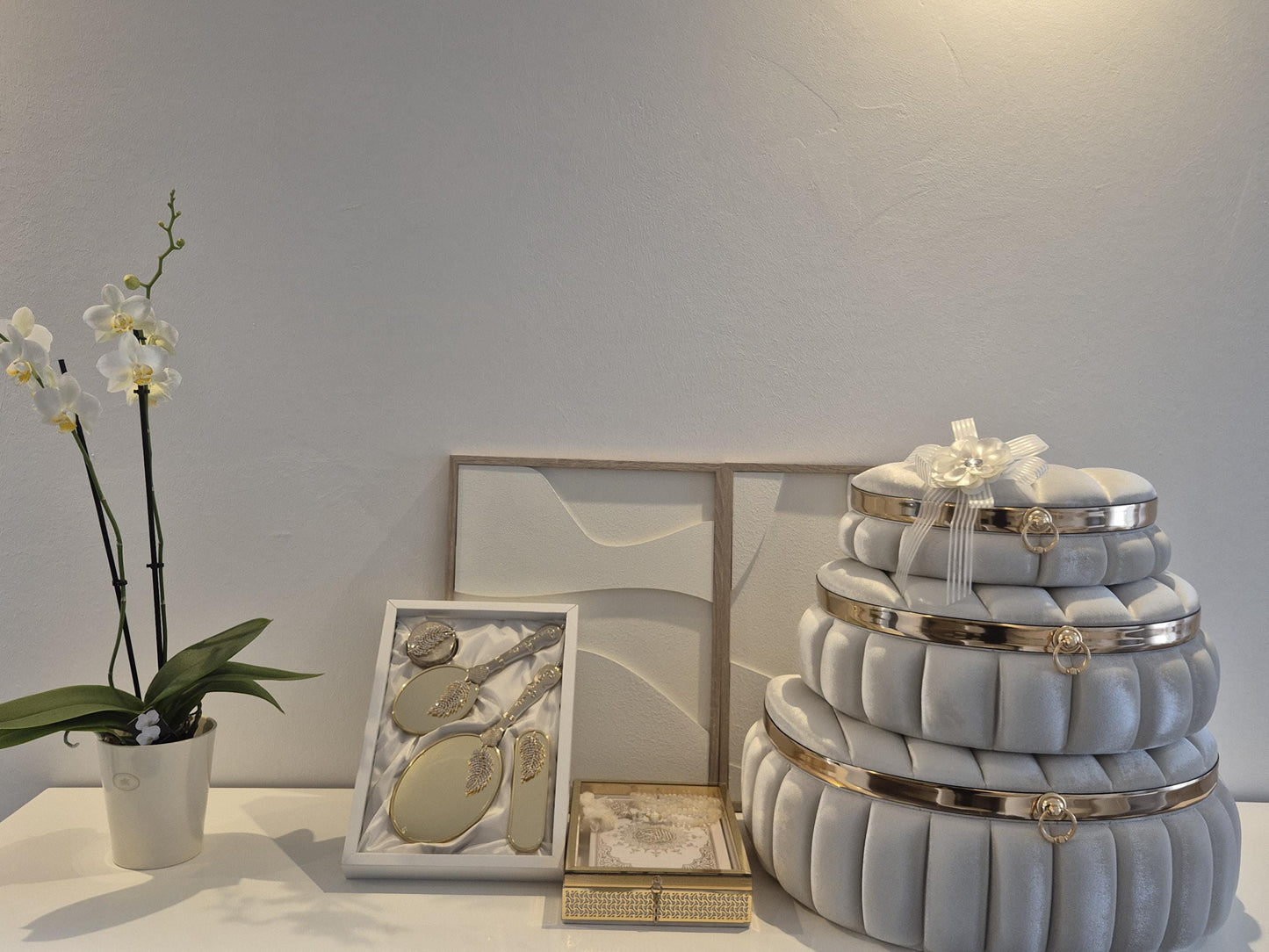 Elegantes 3-teiliges Hochzeits-Set – Aufbewahrungsboxen, Spiegel-Set & Kuran-Set | Perfekt für Braut, Verlobung Geschenk