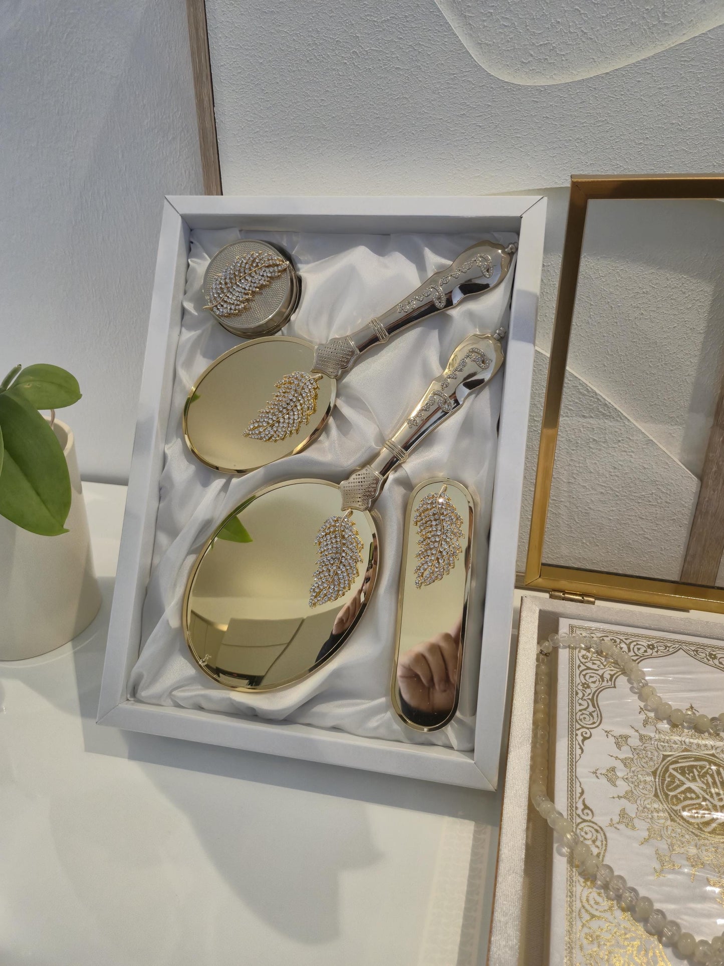 Elegantes 3-teiliges Hochzeits-Set – Aufbewahrungsboxen, Spiegel-Set & Kuran-Set | Perfekt für Braut, Verlobung Geschenk