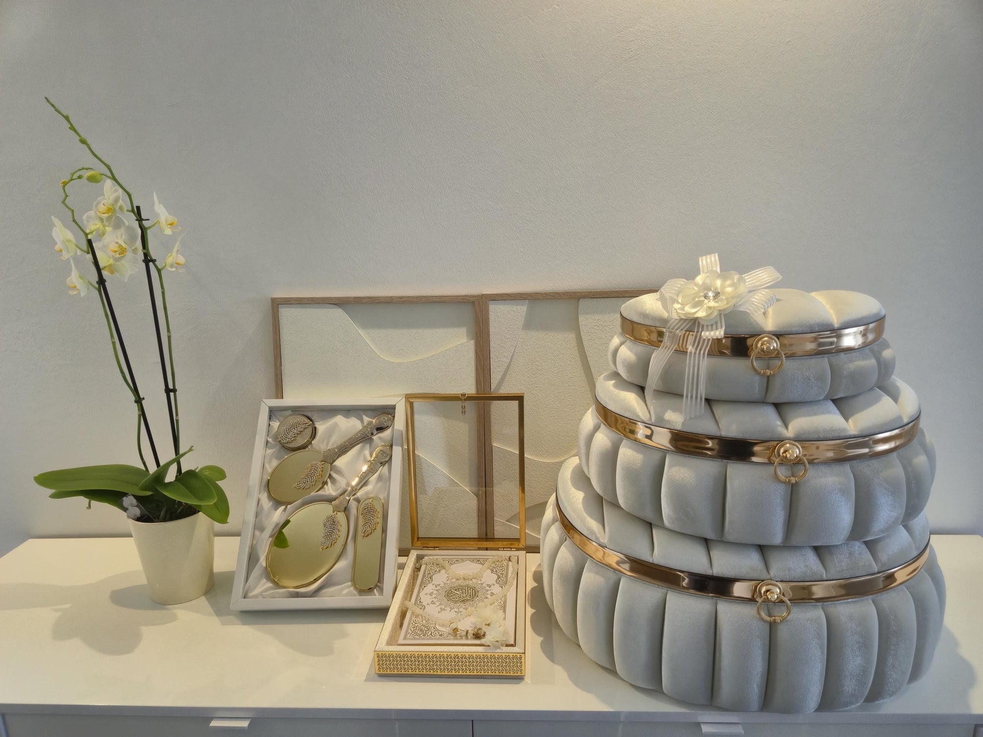 Elegantes 3-teiliges Hochzeits-Set – Aufbewahrungsboxen, Spiegel-Set & Kuran-Set | Perfekt für Braut, Verlobung Geschenk