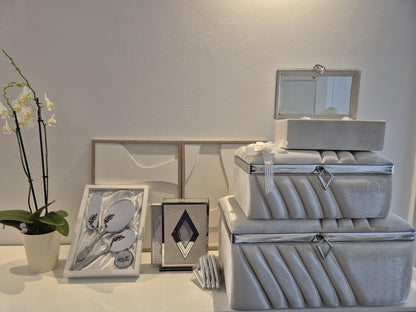 Luxus Hochzeits-Set 3-teilig – Aufbewahrungsboxen, Spiegel-Set Koran-Set | Handgefertigt in Weiß & Silber