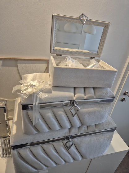 Luxus Hochzeits-Set 3-teilig – Aufbewahrungsboxen, Spiegel-Set Koran-Set | Handgefertigt in Weiß & Silber