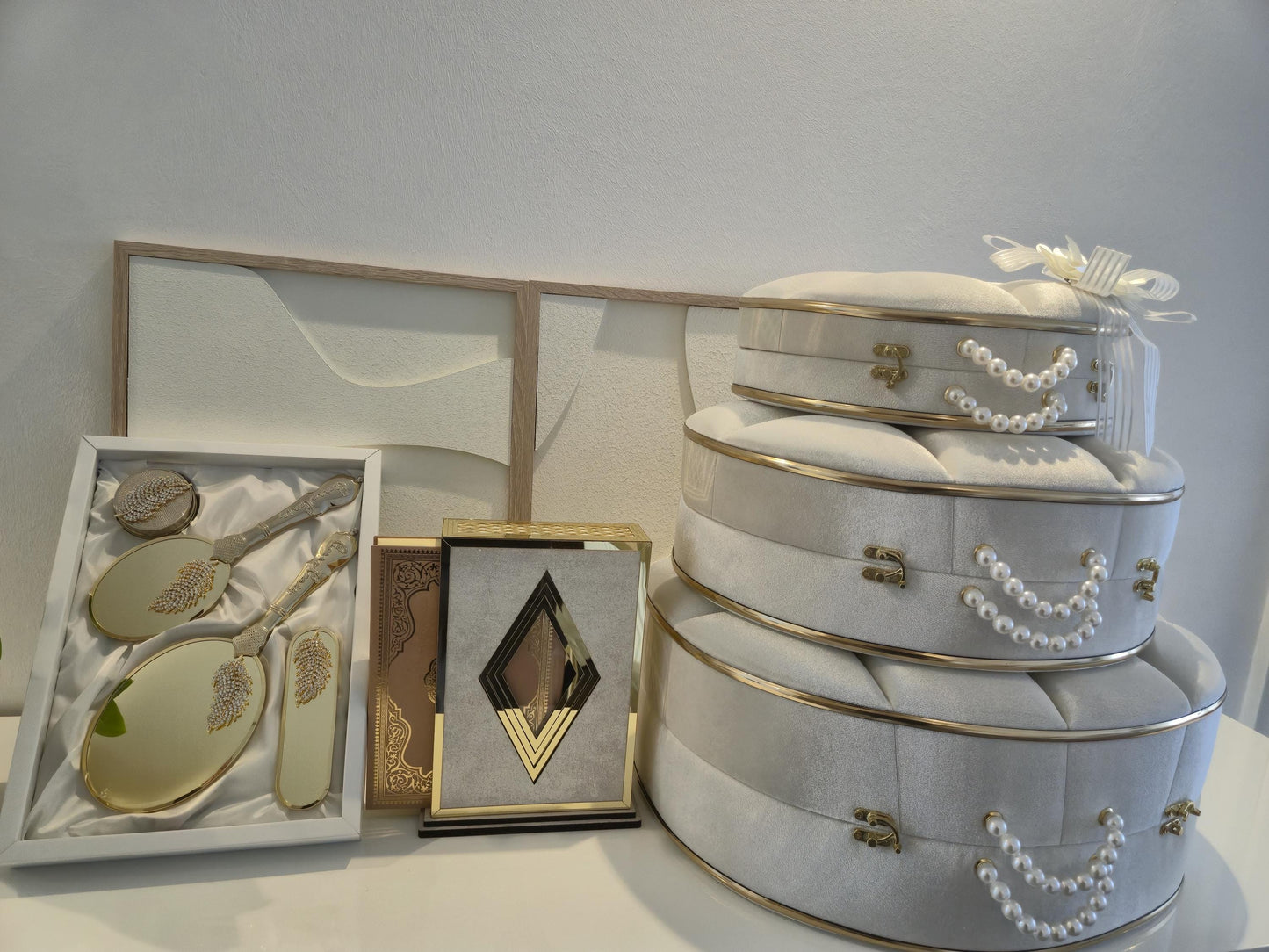 Luxus Hochzeitsset – Spiegel-Set, Koran-Set Samtboxen mit Perlen | Perfektes Brautgeschenk