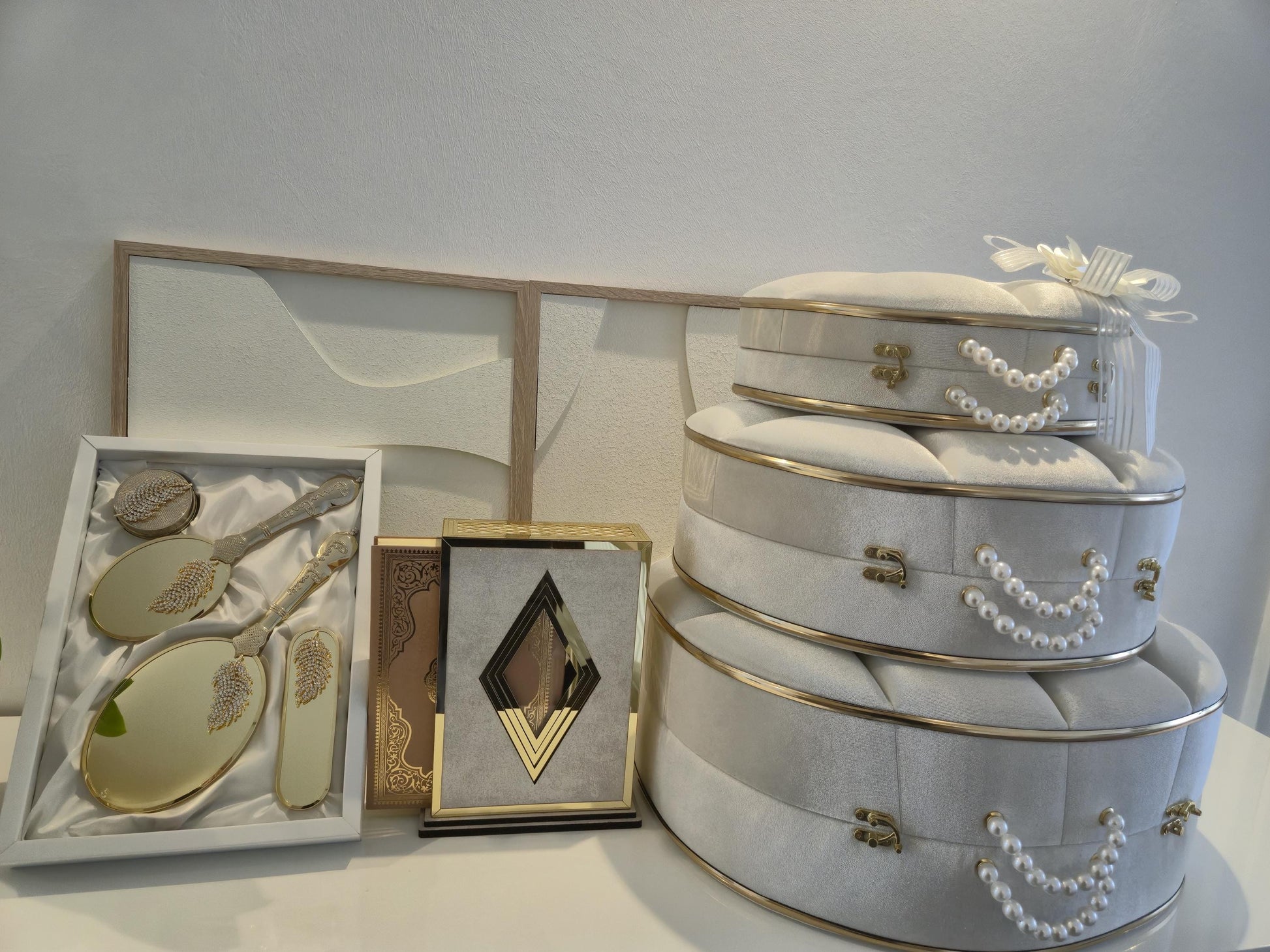 Luxus Hochzeitsset – Spiegel-Set, Koran-Set Samtboxen mit Perlen | Perfektes Brautgeschenk