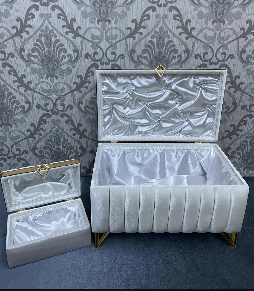Sandik Bohca gepolsterte Aufbewahrungstruhen 2 Teilig Samt Creme Gold mit Beine Hochwertig mdf Special Design