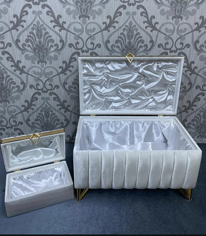 Sandik Bohca gepolsterte Aufbewahrungstruhen 2 Teilig Samt Creme Gold mit Beine Hochwertig mdf Special Design