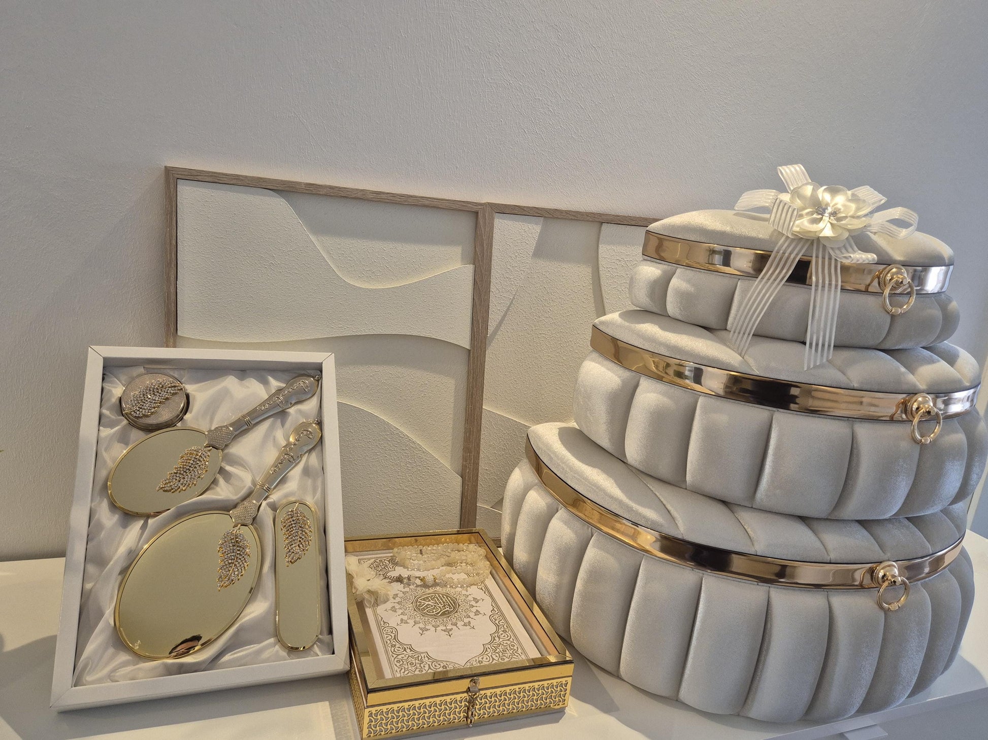 Elegantes 3-teiliges Hochzeits-Set – Aufbewahrungsboxen, Spiegel-Set & Kuran-Set | Perfekt für Braut, Verlobung Geschenk