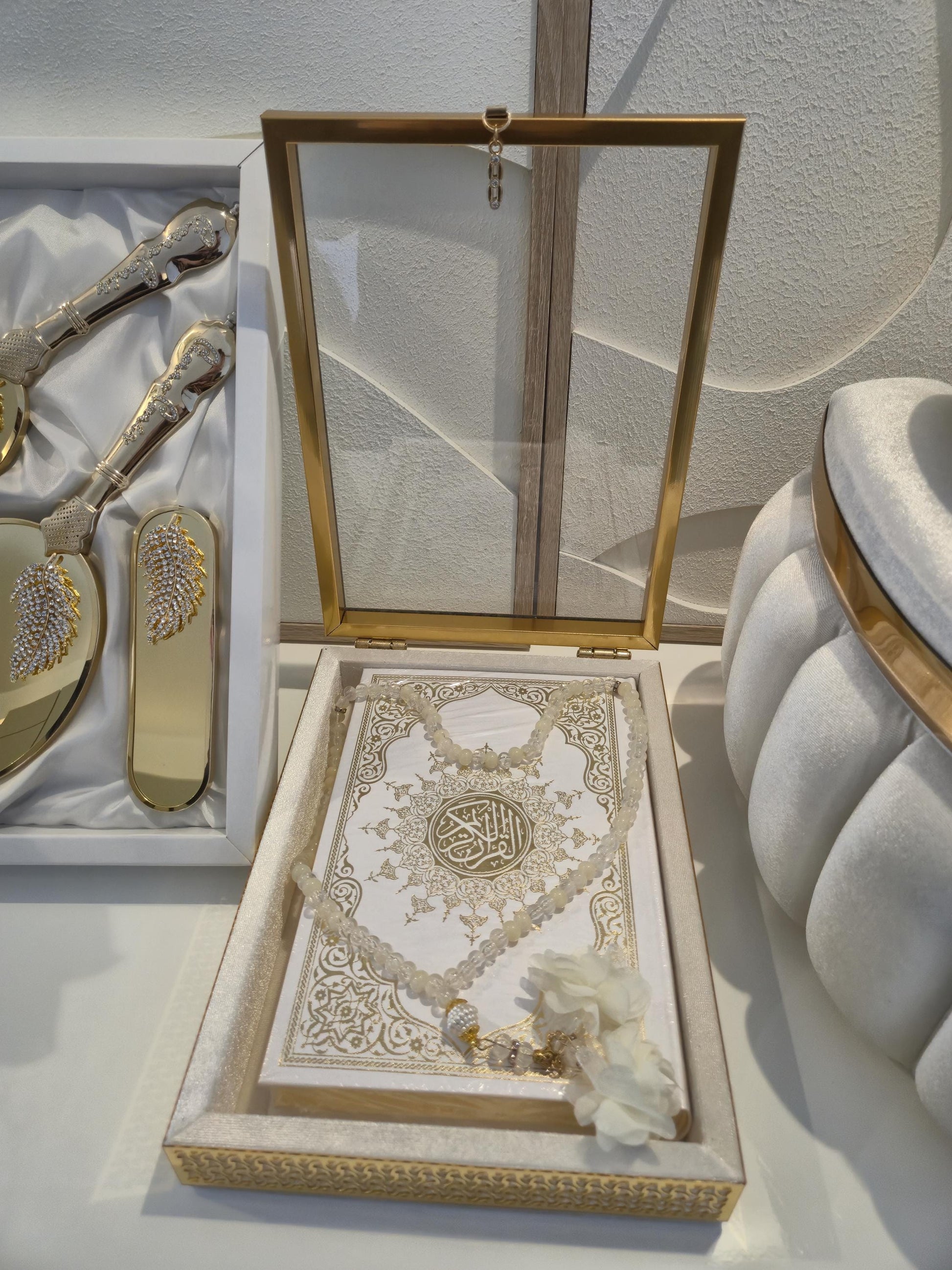 Elegantes 3-teiliges Hochzeits-Set – Aufbewahrungsboxen, Spiegel-Set & Kuran-Set | Perfekt für Braut, Verlobung Geschenk