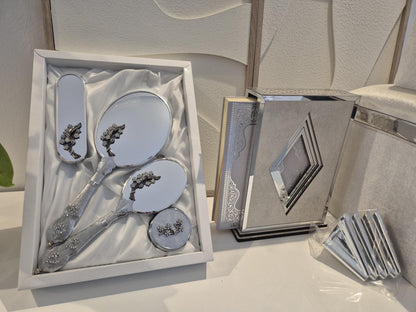 Luxus Hochzeits-Set 3-teilig – Aufbewahrungsboxen, Spiegel-Set Koran-Set | Handgefertigt in Weiß & Silber