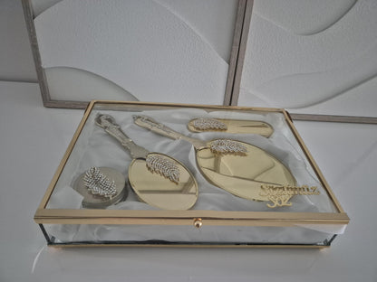 Goldenes Braut-Set – Spiegel, Bürste Schmuckdose in Glasbox Söz Nişan Geschenk | Handgemacht & Elegant