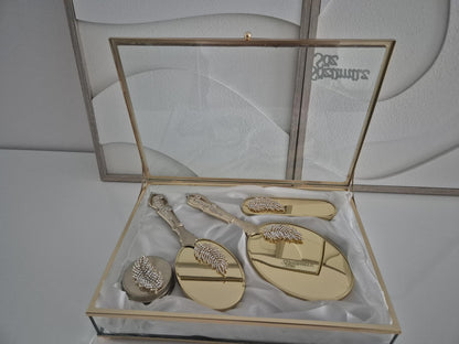 Goldenes Braut-Set – Spiegel, Bürste Schmuckdose in Glasbox Söz Nişan Geschenk | Handgemacht & Elegant