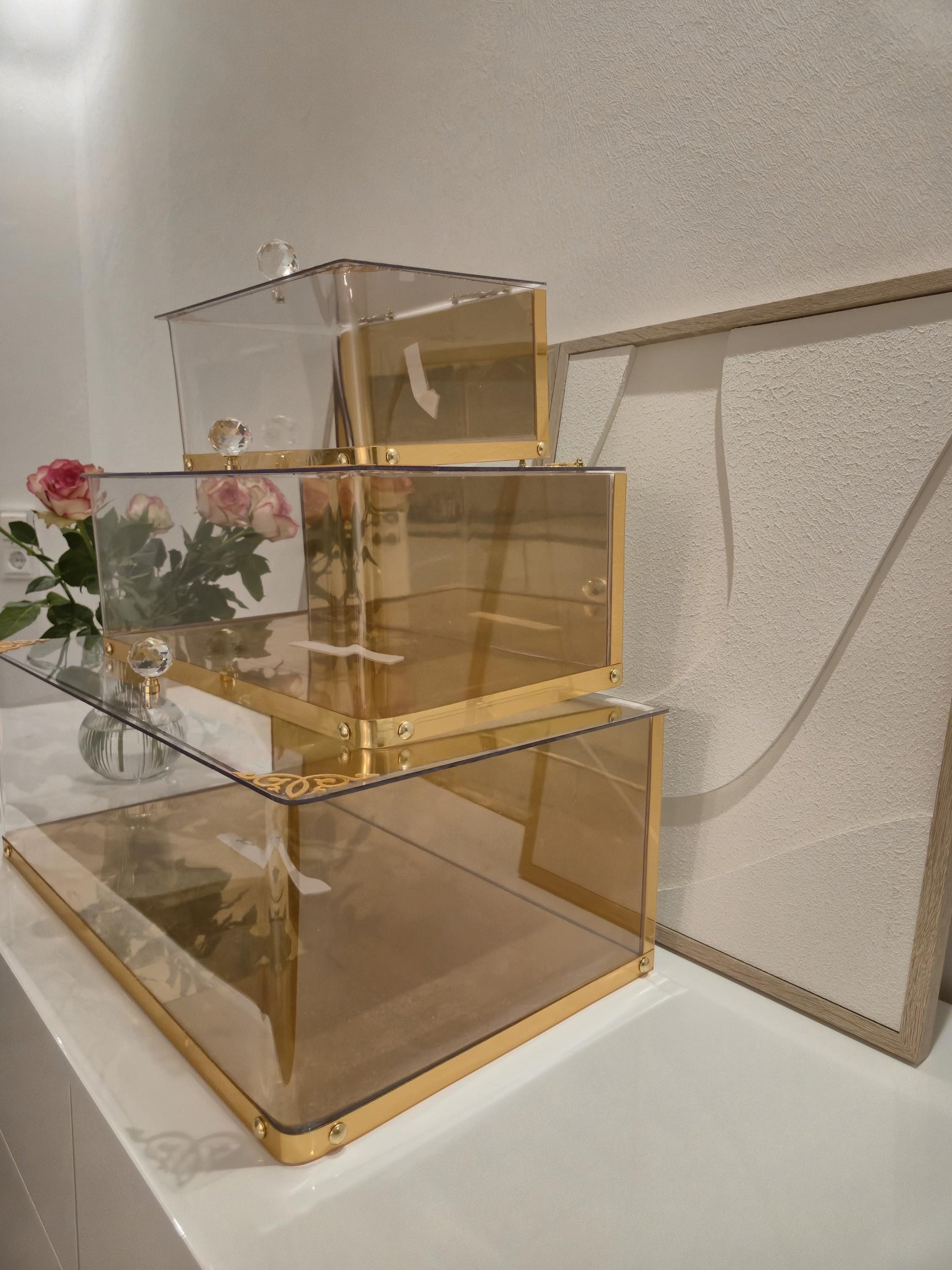 Luxus Plexiglas Geschenkboxen 3teiliges Set in Goldoptik